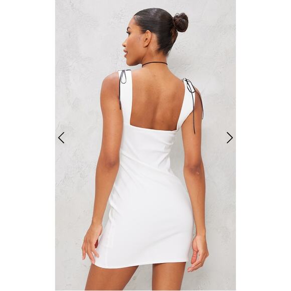 NWT PrettyLittleThing Cream Stretch Woven Bow Detail Bodycon Dress Size 4 - Picture 10 of 11